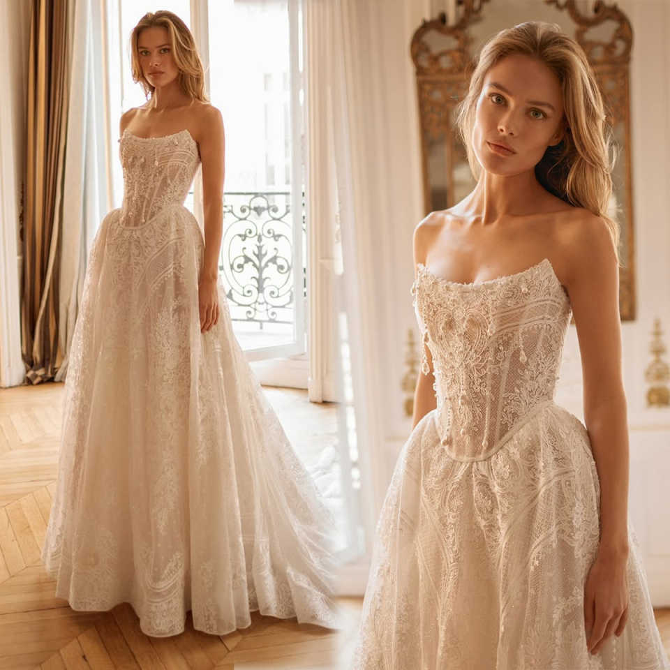 Elegant A e Bridal Dress Lace Pearls Wedding Strapless Sleeveless Backless Gown Sweep Train Customized Dresses Vestido De Novia