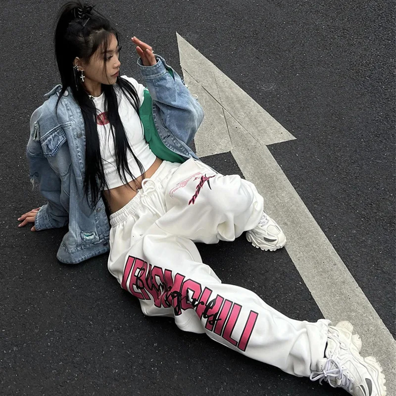 Y2K streetwear white track pants womens Harajuku hippie wide leg sports pants oversized fast drying printing runners Trouser 250102