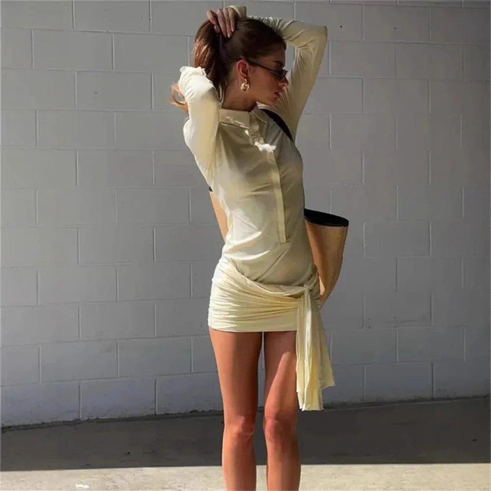 Sexy Spicy Girl Style Chiffon Ribbon Slightly Transparent Long Sleeved Dress with Womens Pleated Short Skirt250103