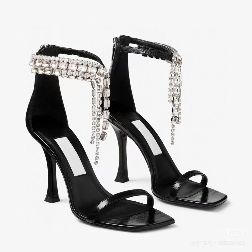 Womens 100mm stiletto heel sandals Rhinestone ankle strap gladiator pumps Metallic texture sheepskin Exposed toe party evening shoes luxury designer h