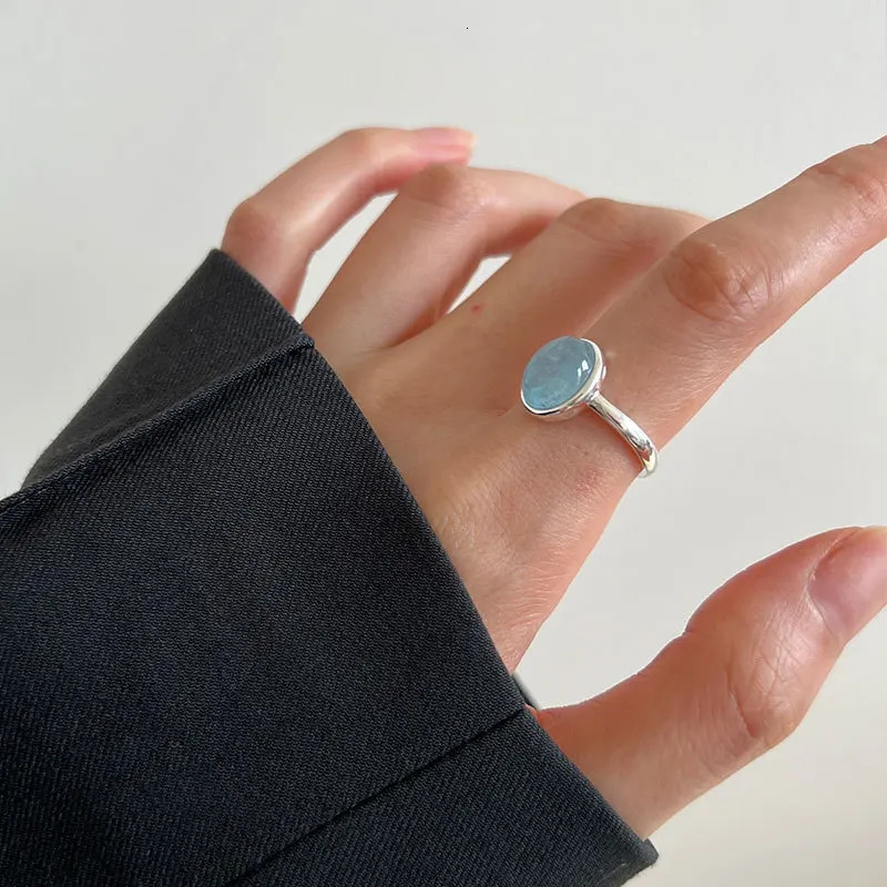 Silvology genuine 925 sterling silver oval aquamarine ring womens natural stone adjustable crystal ring luxurious and exquisite jewelry 250102