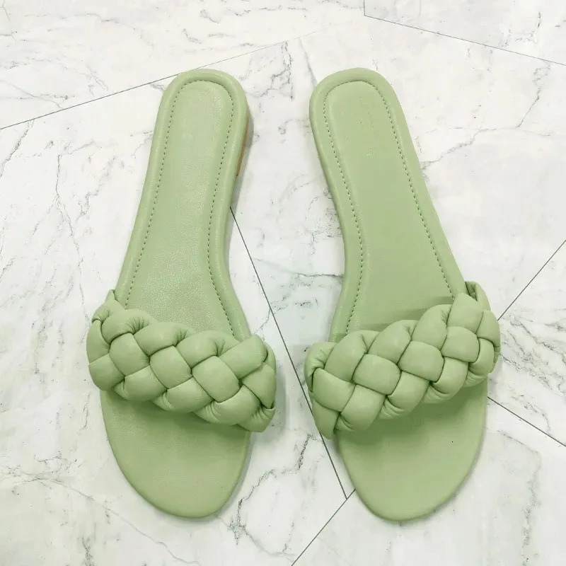 Fashion Open Toe Women Sandals Casual Summer Leather Shoes Woman Slipon Ladies Slides Beach Solid Weave Modern Flat Sandal 250220