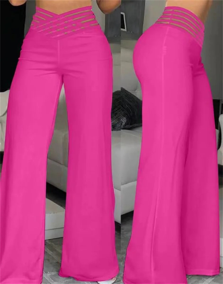Elegant high waisted Flared womens pants for office casual Crisscross transparent mesh patch casual Trouser womens Y2K clothing 250102