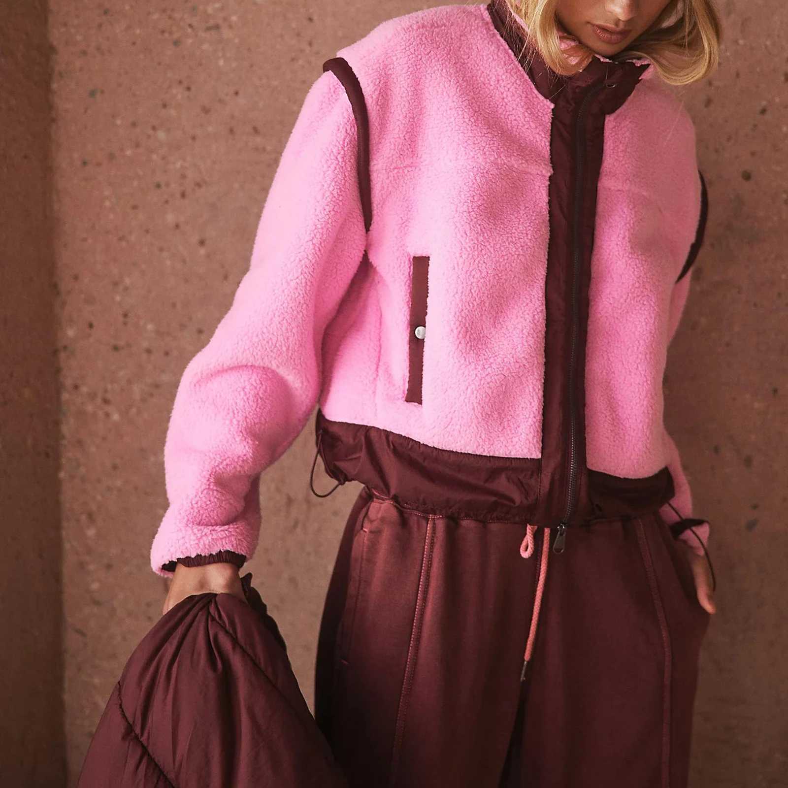 Womens wool jacket slow ultra-fine fit short sleeved jacket soft and warm zipper jacket applique work clothes comfortable stand up collar jacket M2501