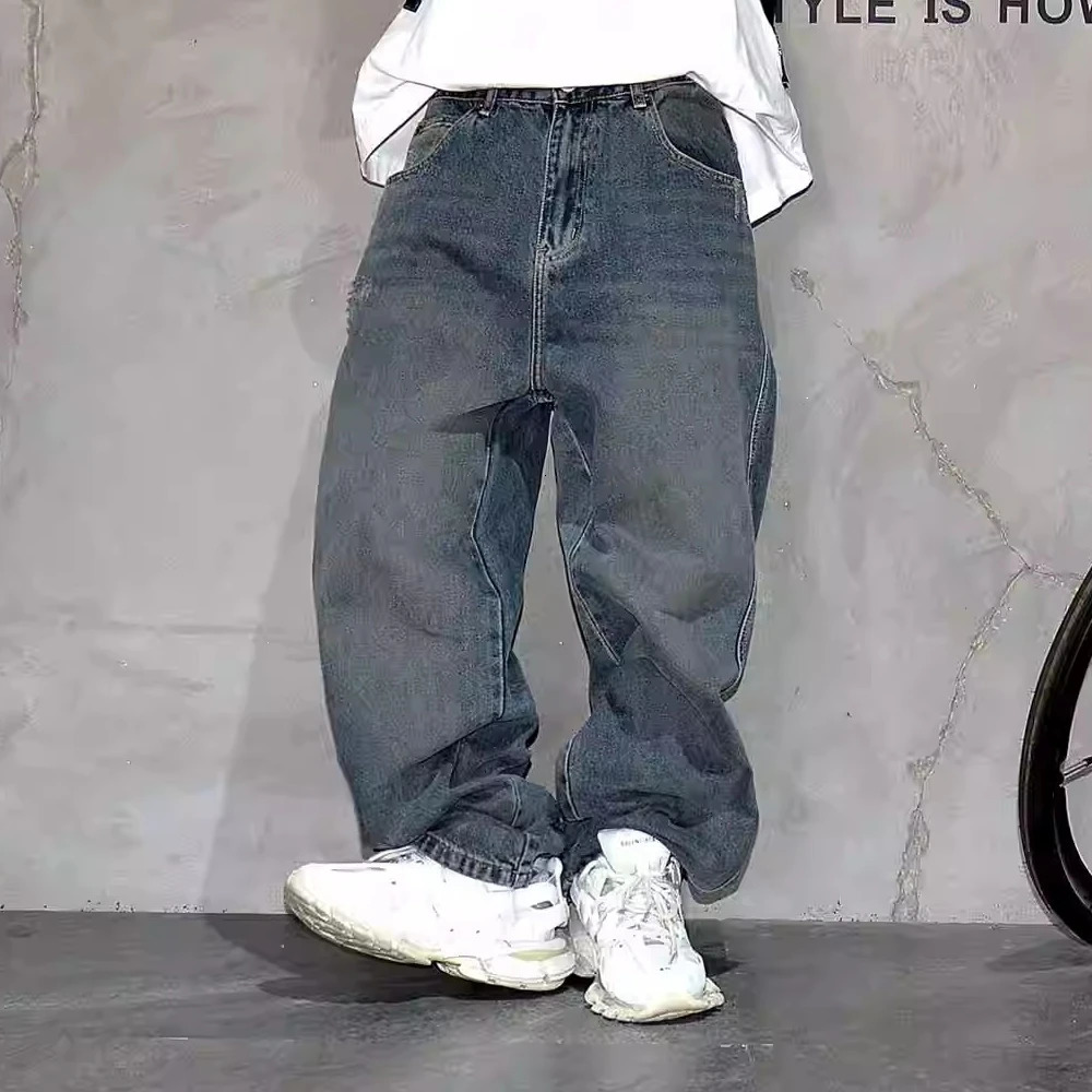 High Quality Hip Hop Stacked Baggy Jeans For Men Streetwear Denim Pants Korean Fashion Straight-Leg Trousers Harajuku Jeans Male 241230