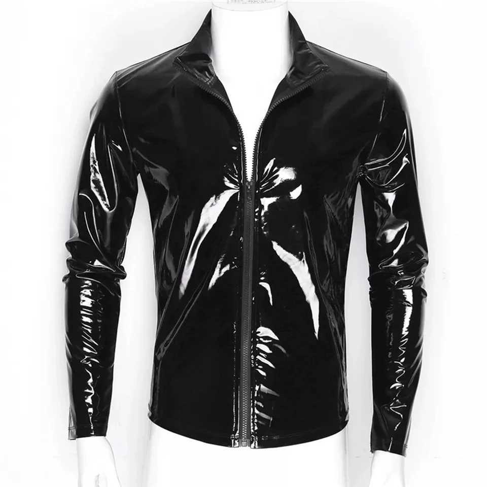Mens jackets underwear Wetbook shiny leather bodysuits jumpsuits tops underwear nightclubs zippers stage costumes W250103
