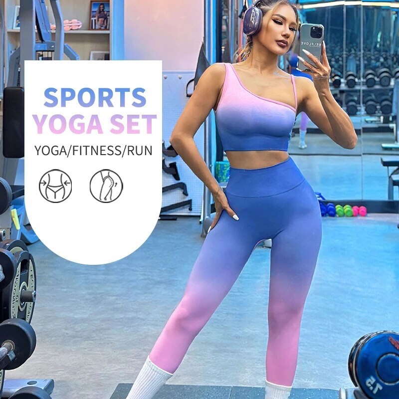 Gradient Hanging Tie Dye Sexy Beauty Back Bra Strap High Waist Lifting Hip Yoga Pants 2Piece Set