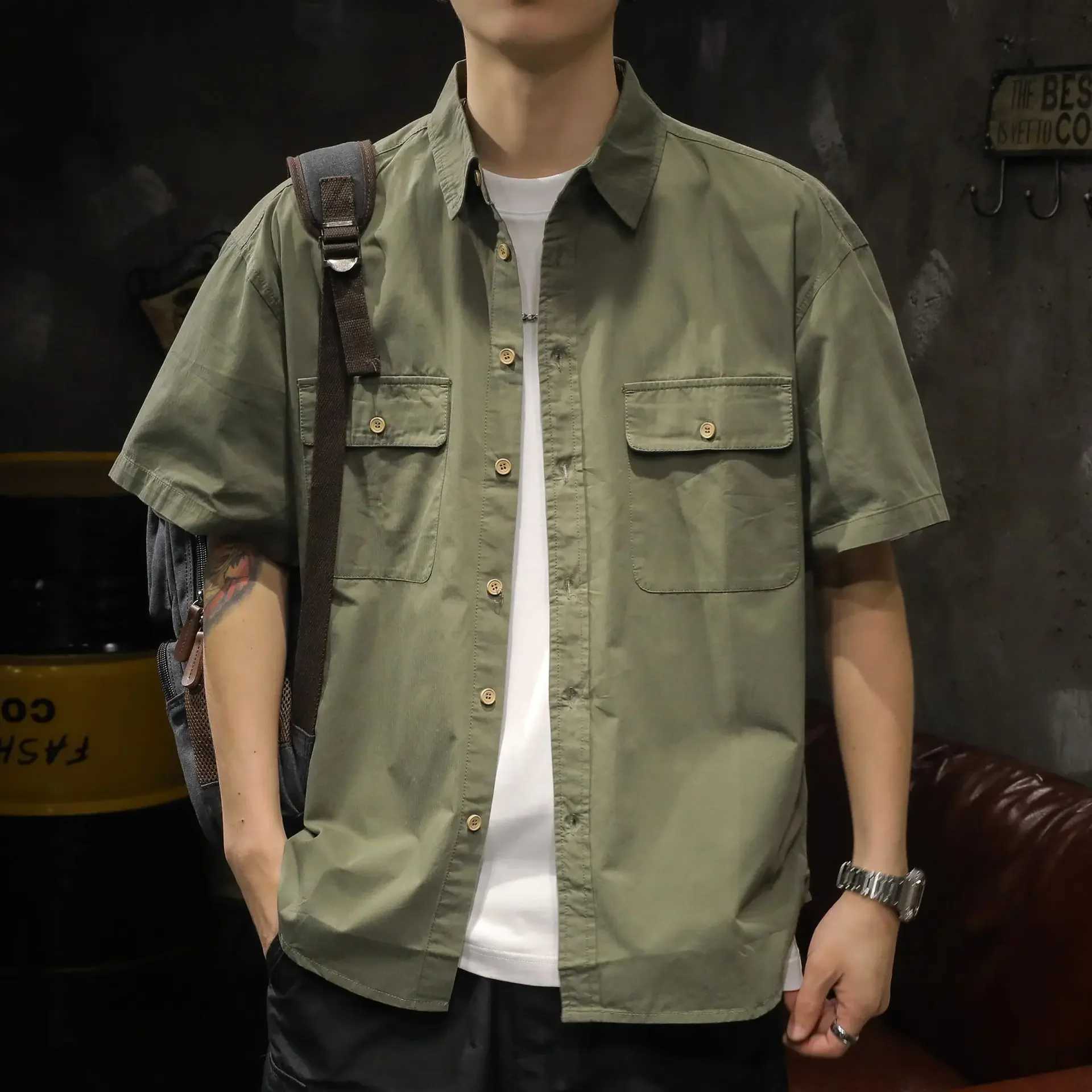 American retro mens short sleeved T-shirt loose fit casual workwear summer trend double pocket shirt W250103