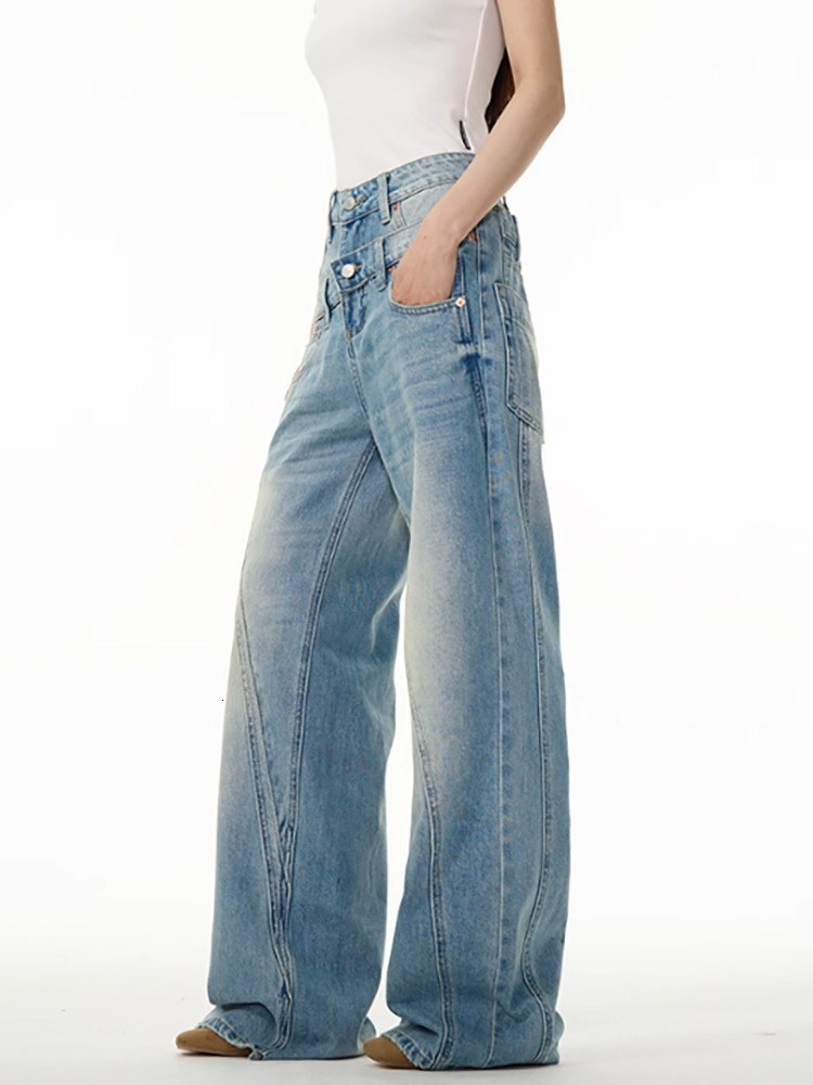 DEAT Fashion Women's Deconstruct Jeans Double Waistband Pockets Spliced Or Straight Denim Pants Spring 2025 New Tide 7Ab6968