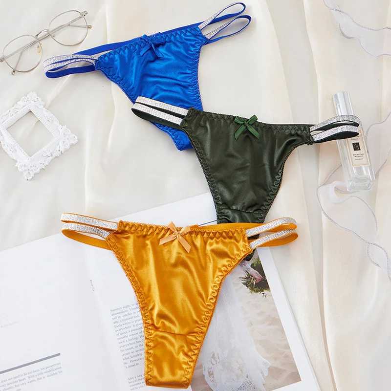 1pc Women Sexy Silky Panties Thin Thong Ice Silk Underwear Shiny Belt Double Strap Lace Low-rise LingerieXJ250103