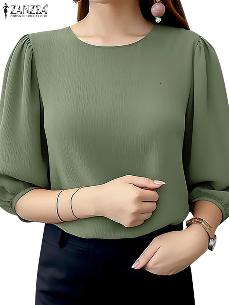 ZANZEA Elegant Womens Puff Sleeve Top Summer 3/4 Sleeve O-Neck Texture Blue Fashion Solid Color Tuned Top 250102