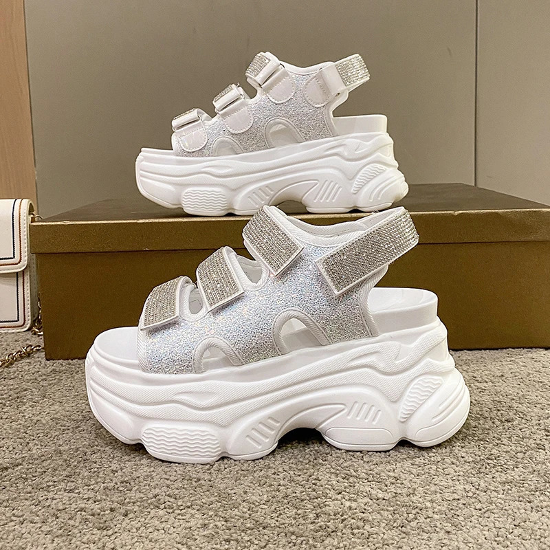 Women Summer Platform Bling Sandals Breathable Wedges 9CM High Heels Ladies Crystal Beach Slippers Chunky Shoes Sandalias Mujer 250102