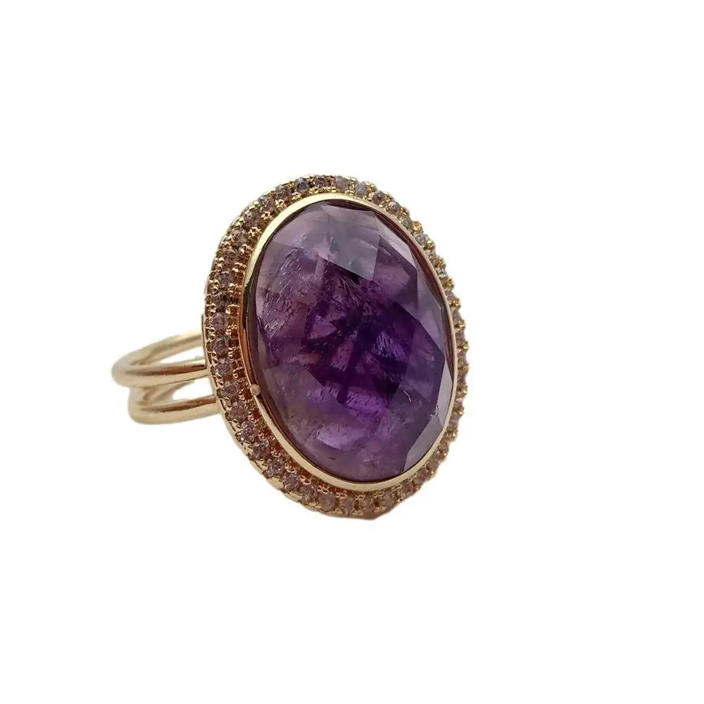 KKGEM 14x18mm Natural Oval Amethyst Water Diamond Laying Finger Ring Adjustable Anniversary Commemorative Ring 250102