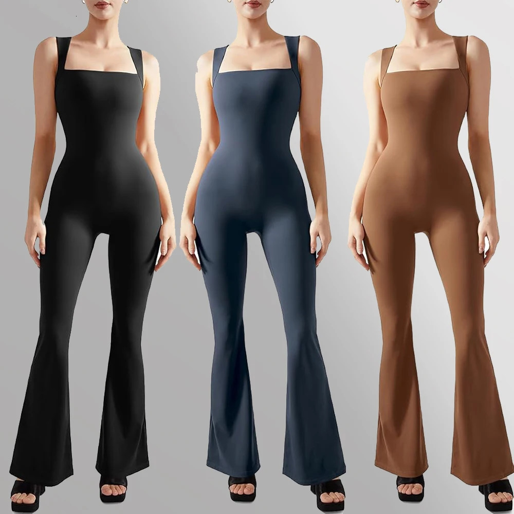 Womens Sleeveless Bodysuit Flared Pants Square Neck Full Seasons Casual Fitness Playsuit Streewear Jumpsuits Lady 250103