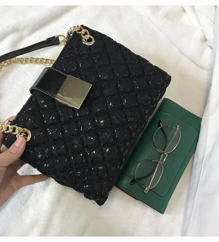 Lace Handbag Dia Pattern Chain Shoulder Bag For Women's Totes Pu Leather Ladies Crossbody Bags Bolsa Feminina Black