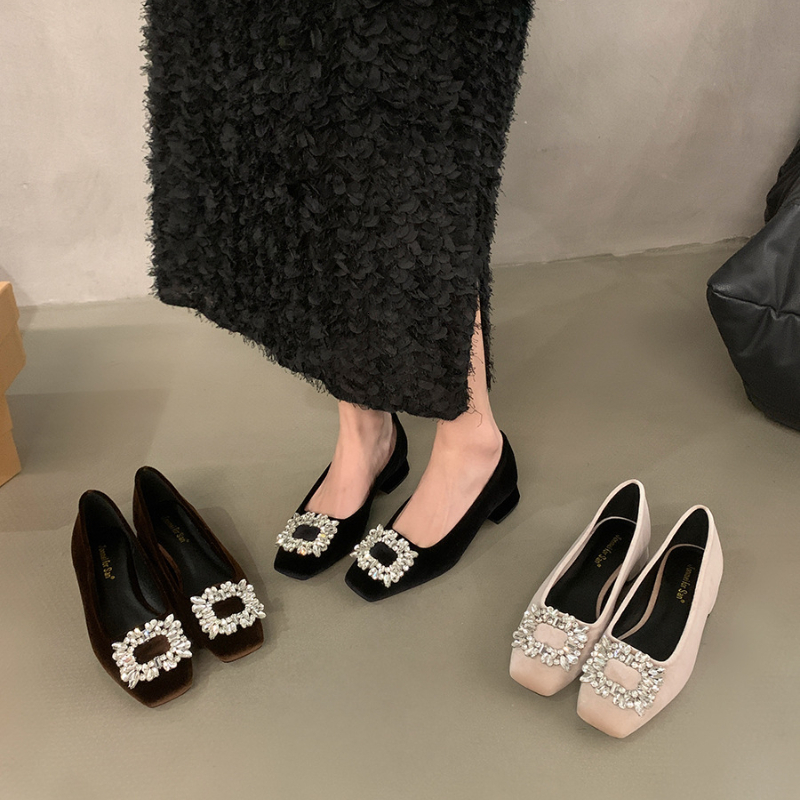 2024 New Women's Heeled Single Fashion Rhie Square Toe Thick Heel Pumps Ladies Shallow Work Shoes Atos De Mujer