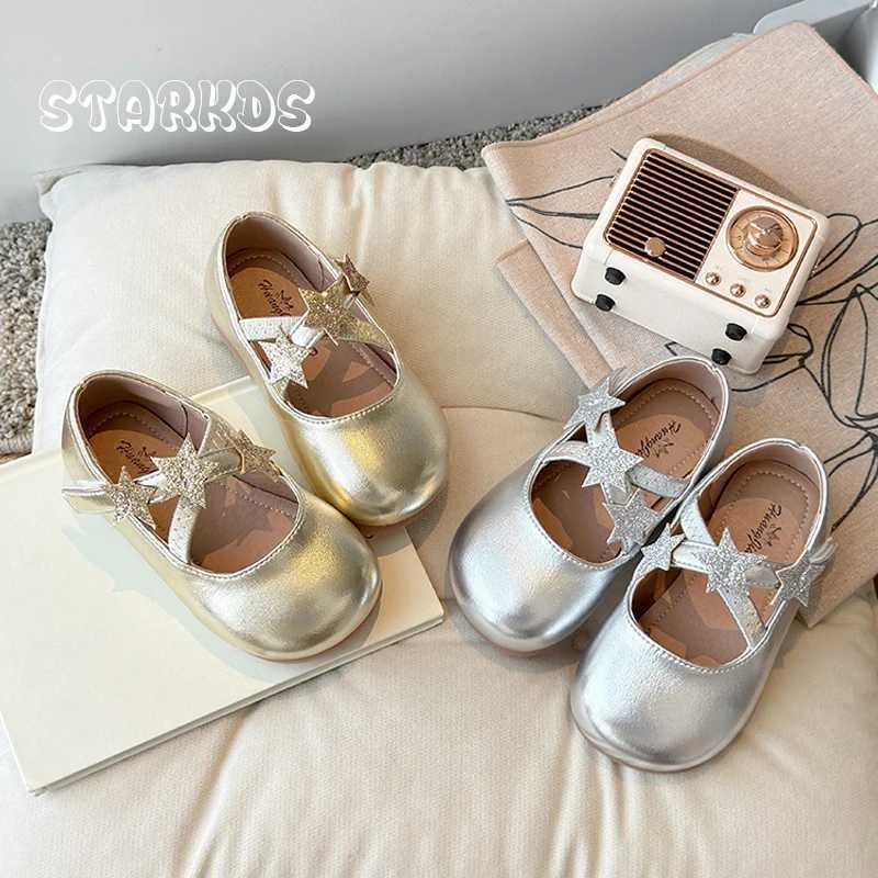 Round toe elastic band ballet shoes for children girls luxury sparkling star patches Mary Jens baby gold silver sliding tablet Zapatos M250103