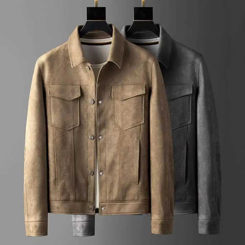 Mens City Jacket 2024 Autumn Extra Large Casual Jacket Street Pocket Collar Zipper Suede Leather Thick Coat Loose Mens Windproof Jacket W250103