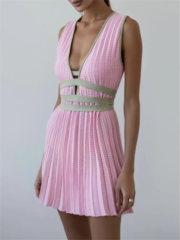 REALEFT Summer Deep V-Neck Knitted Womens Dresses High Waist Lace Up Casual Sleeveless Solid Sexy Mini Dresses Female Ladies 250102