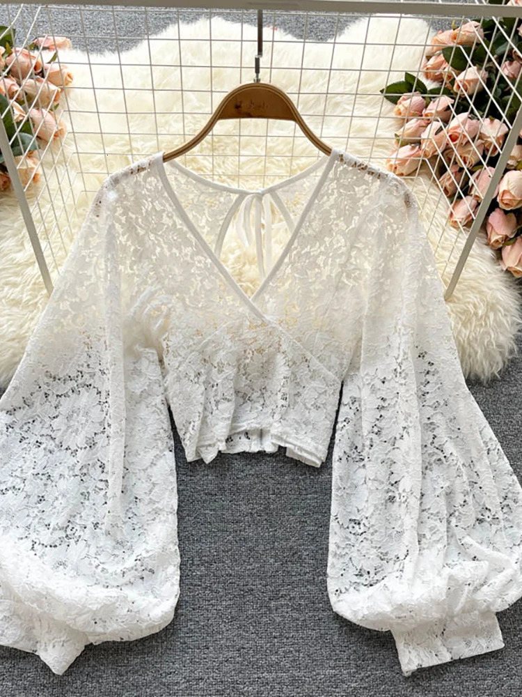 Autumn Black/White/Brown Sexy Lace Shirt Womens Elegant V-neck Puff Long Sleeve Open Short Top Womens Party Blusas 250102