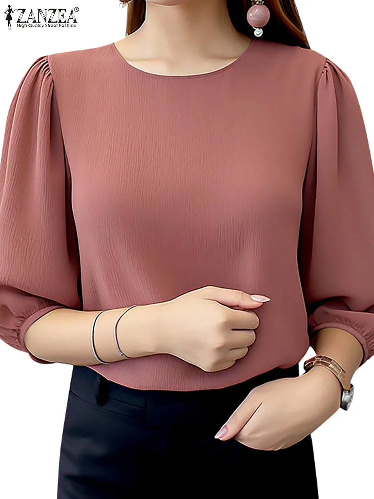 ZANZEA Elegant Womens Puff Sleeve Top Summer 3/4 Sleeve O-Neck Texture Blue Fashion Solid Color Tuned Top 250102