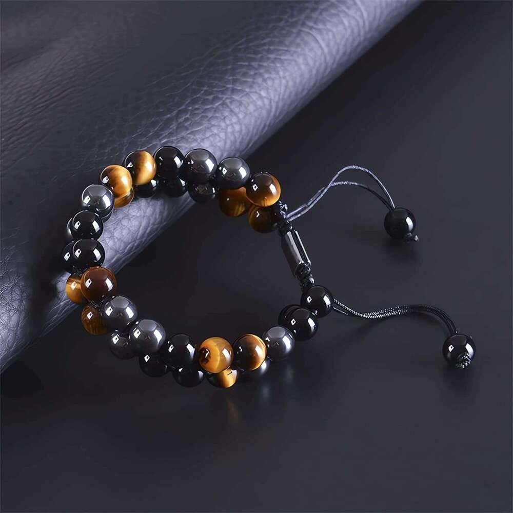 Triple Protection Bracelet, Tigers Eye Black Obsidian and Hematite 8mm Beads Men Women, Heag Crystal Bracelet for Good Luck Prosperity Happiness