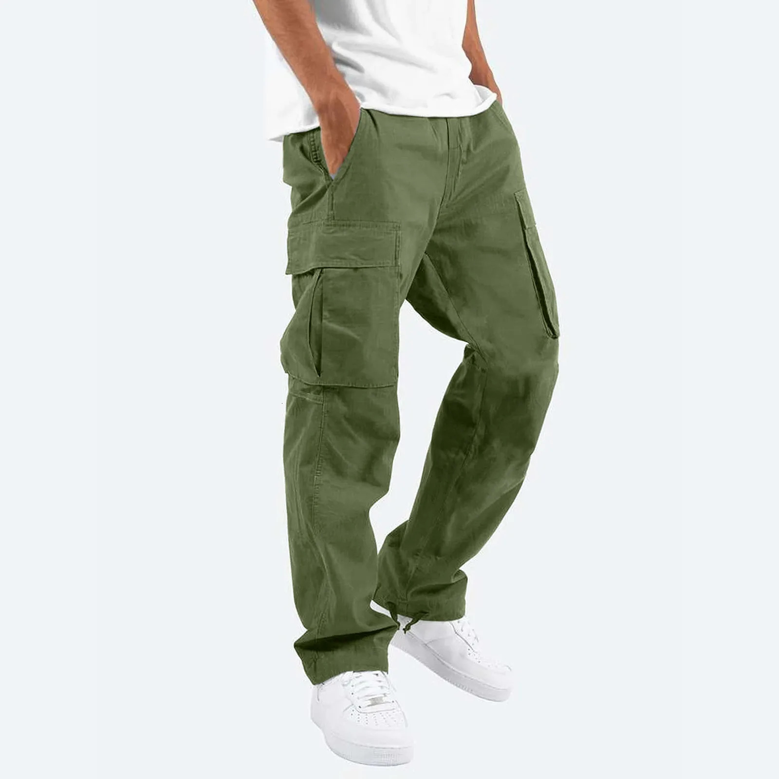 Plus Size Men Cargo Pants Pockets Casual Male High Elastic Waist Pocket Wide Leg Trousers Oversized S-5XL# 250102