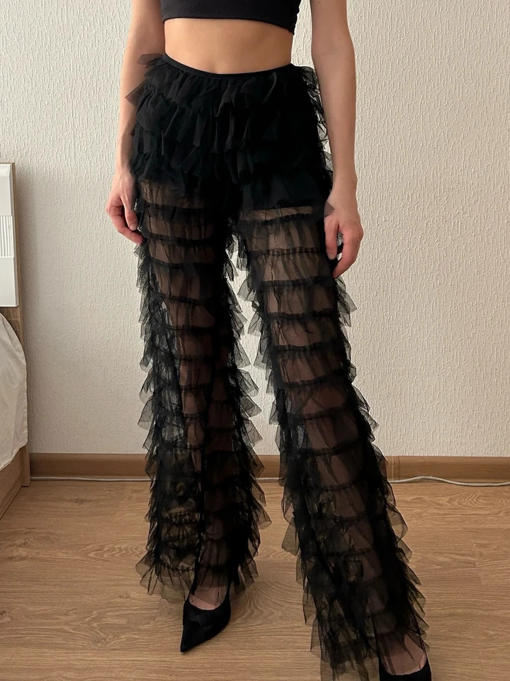 SINGREENY Fashion Mesh Pants Womens Tierred High Waist American Fashion Streetwear Y2k Retro Transparent Flare Trousers 250102