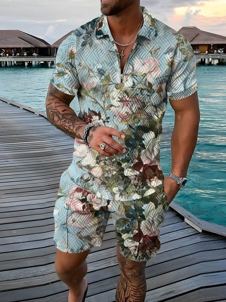 Mens Tracksuit 3D Print Summer Short Sleeve Polo Shirt Shorts Suits Fashion Casual Zipper T Shirt 2 Piece Set Oversized Outfits 250102