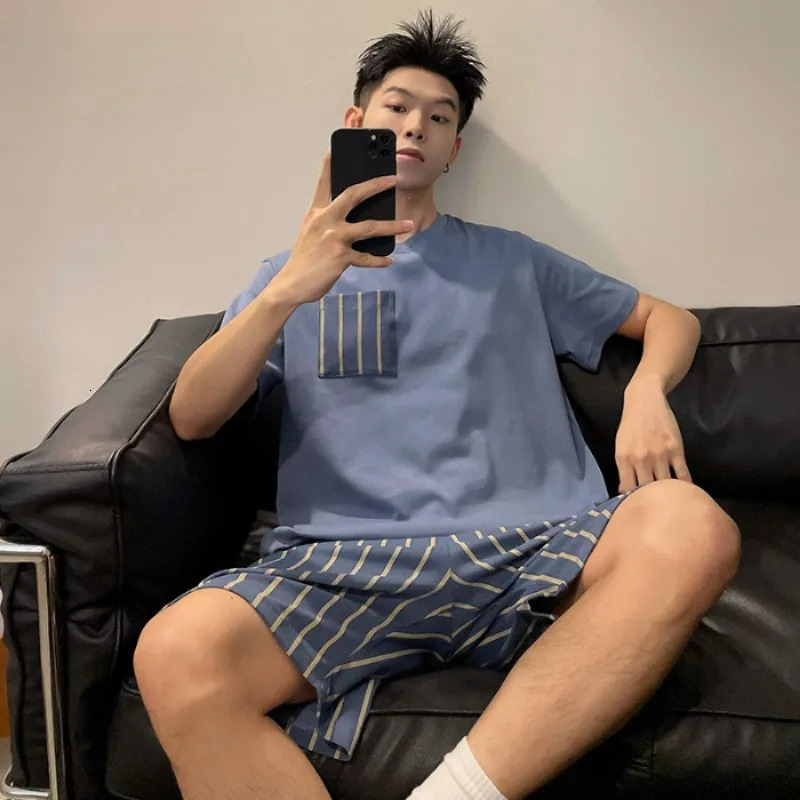 HighQuality Cotton Large Size Men Pajamas ONeck Youth Student Nightwear Homewear Simple Letters Striped Sleepwear Loungewear 250103