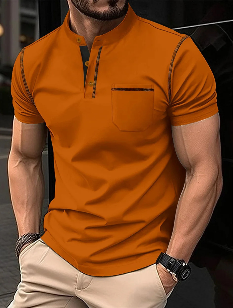 Summer Mens Solid Color Short-Sleeved POLO Shirt Spliced Horizontal Chest Pocket Fashion High Quality Mens Wear 250102