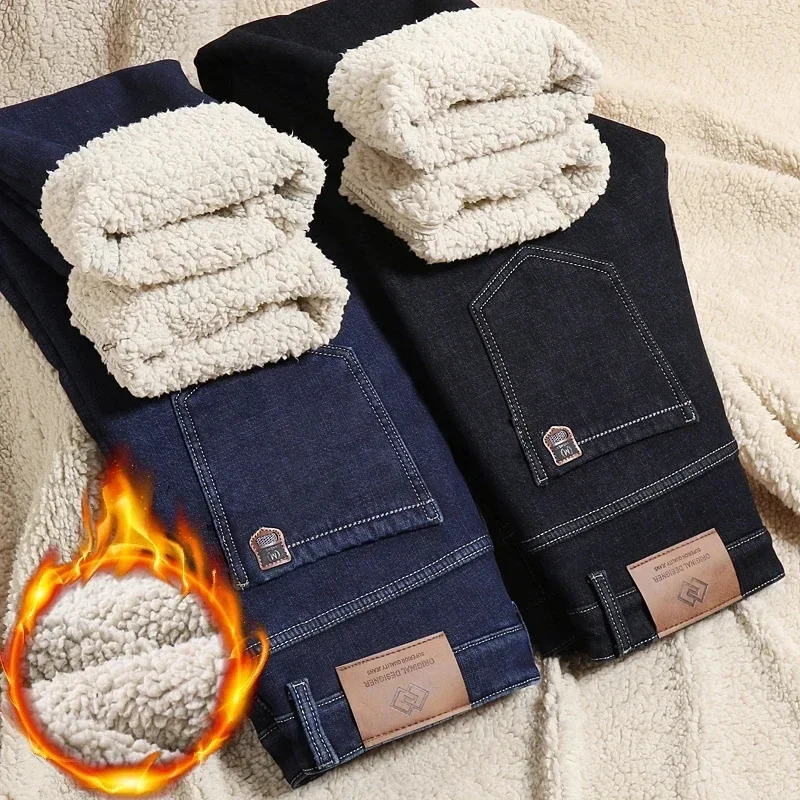 Winter Warm Fleece Jeans Men Straight Stretch Thick Casual Thermal Denim Pants Male Business Work Trousers Men Clothing 241230