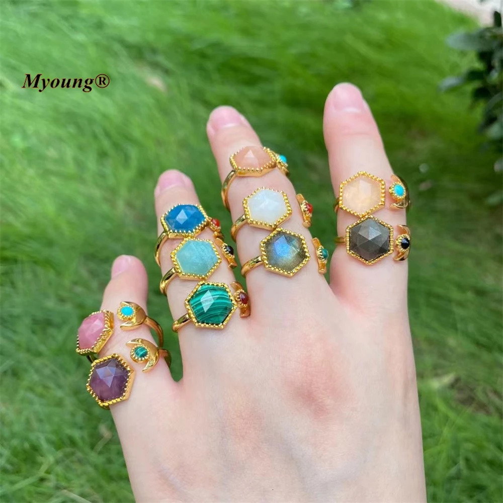 10 Exquisite Hexagonal Natural Gemstone Labrador Amethyst Adjustable Gold Rings for Women MY220825 250102