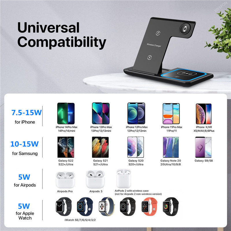 15W LED Fast Wireless Charger 3 in 1 Foldable Charging Station For iPhone 16 15 14 13 12 11 Apple Watch 9 8 7 6 5 Airpods 3 4 Pro 2 With Retail Box