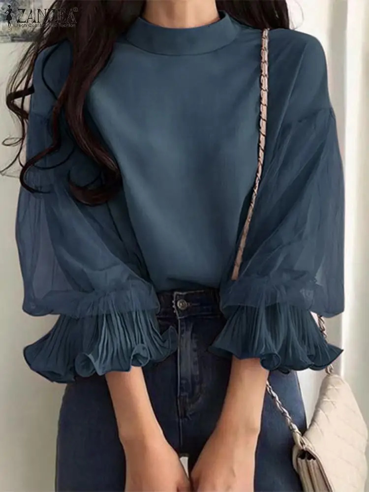 ZANZEA Womens Elegant Party Shirt Fashion Grid Ruffle 3/4 Sleeve Top Autumn er Stand up Collar Shirt Korean Loose Tune 250102