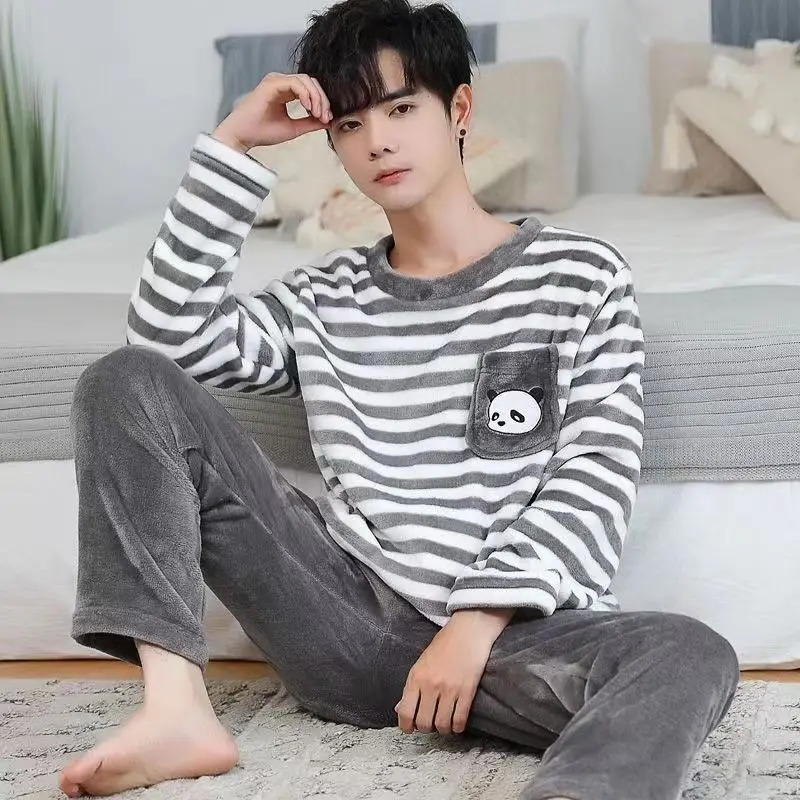 Winter Long Sleeve Thick Warm Flannel Pajama Sets for Men Coral Velvet Cute Cartoon Sleepwear Suit Pyjamas Homewear Clothes 250103