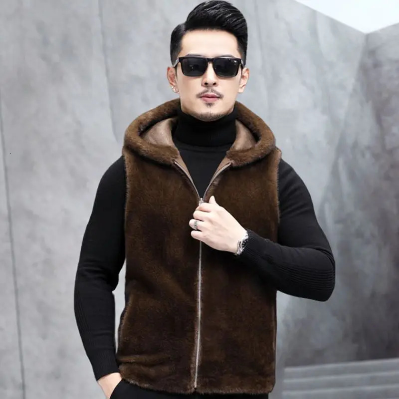 Men Autumn Winter Genuine Fur Warm Vest Male Real Sleeveless Coats Solid Color Hooded Jackets V01 241224