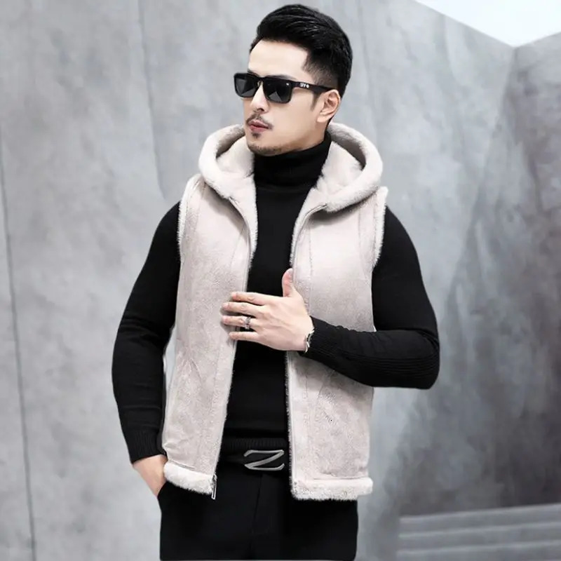 Men Autumn Winter Genuine Fur Warm Vest Male Real Sleeveless Coats Solid Color Hooded Jackets V01 241224