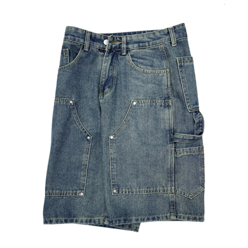 Mens denim shorts summer thin retro American street fashion loose straight casual wash knee long jeans 241230