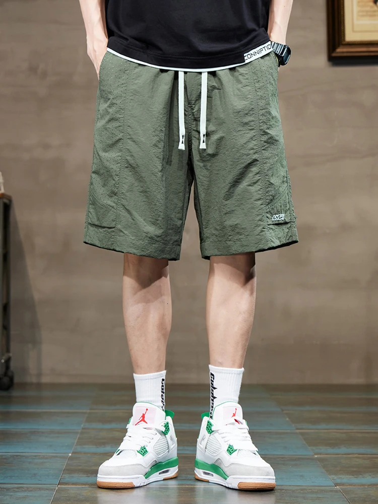 Ultra thin mens cargo shorts elastic waist casual outdoor sports pants straight loose military green gray shorts 250102