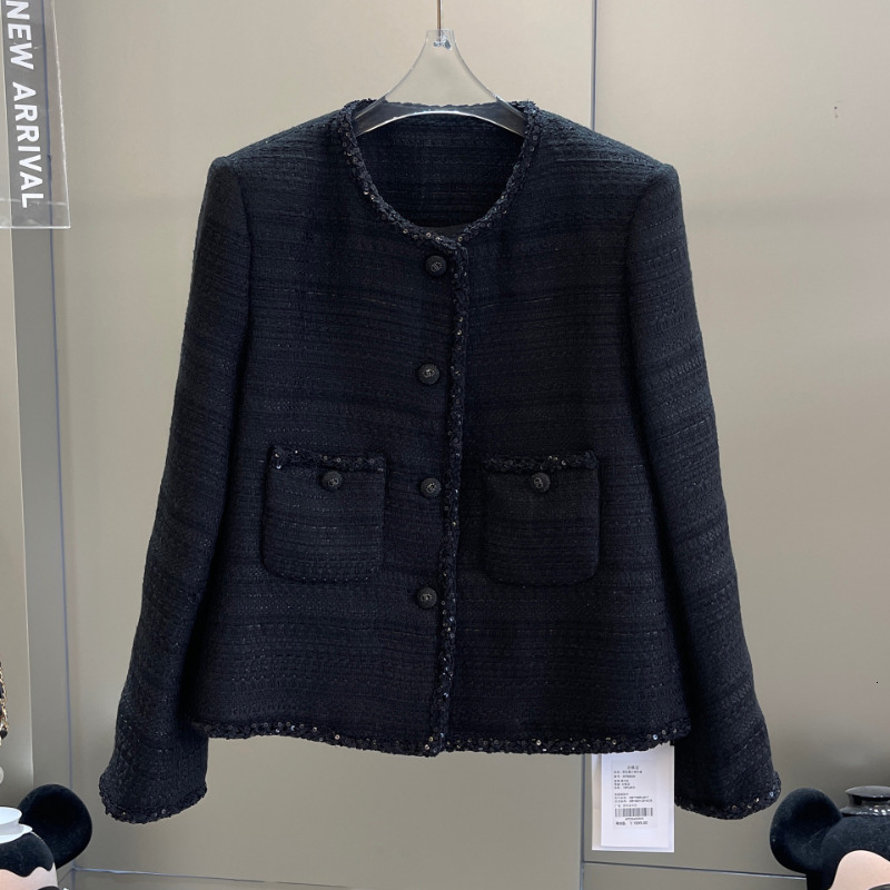 Black Small Fragrance Women Coat Spring Autumn Dark Weave Classic French Slim Tweed High Quality Long Sleeve Lady Jacket