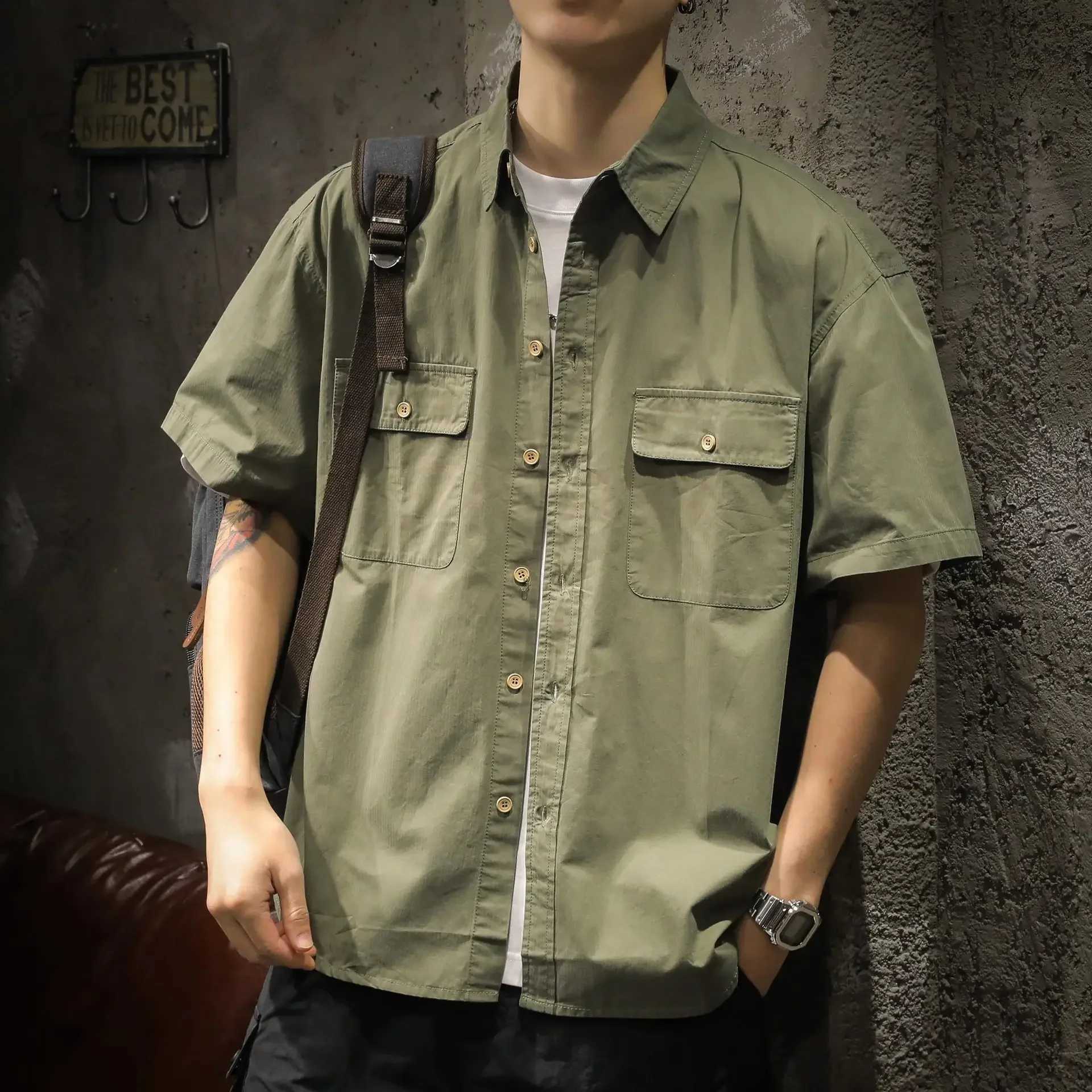 American retro mens short sleeved T-shirt loose fit casual workwear summer trend double pocket shirt W250103