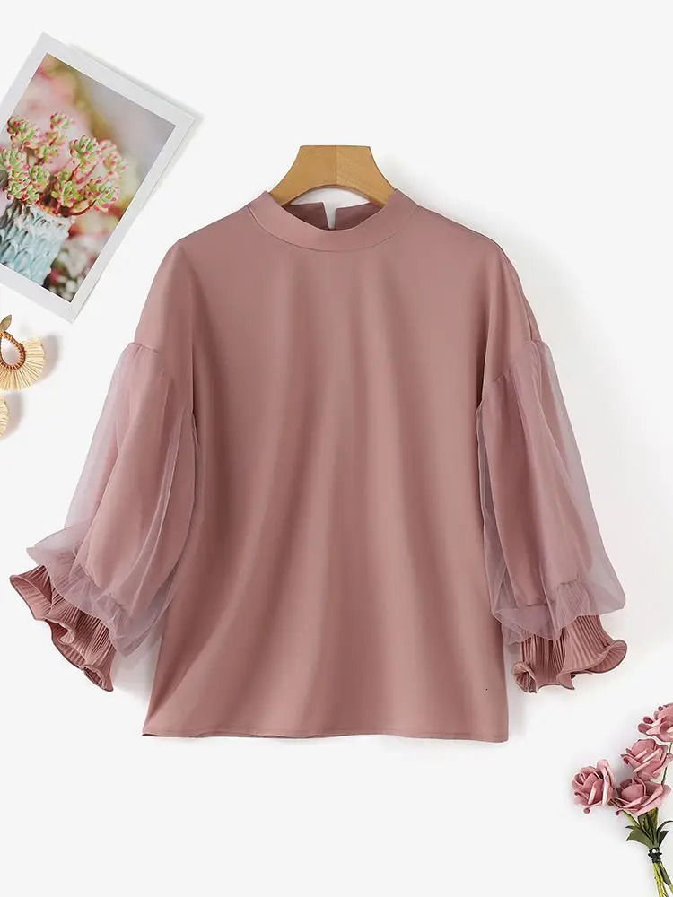 ZANZEA Womens Elegant Party Shirt Fashion Grid Ruffle 3/4 Sleeve Top Autumn er Stand up Collar Shirt Korean Loose Tune 250102