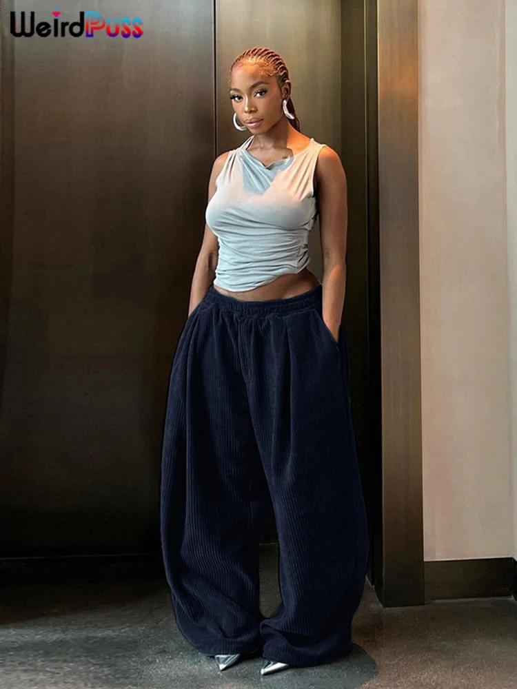 Weird Puss Y2K Casual Wide Leg Pants for Women in Autumn Loose and Simple Pocket High Waist Trouser Corduroy Streetwear Long Bottom 250102
