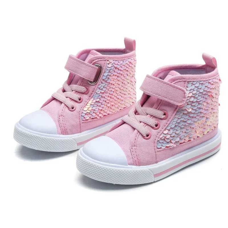 Autumn New GirlsShoes High Top Child Sneakers Trendy Sequins Canvas Shoe for Child Brand Comfortable Flat Sneakers Girl Tenis M250103
