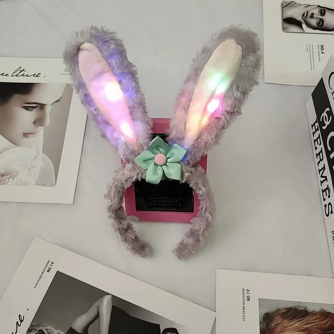 Luminous cartoon plush headband with cute bunny ears and furry hair pressure headband for girls