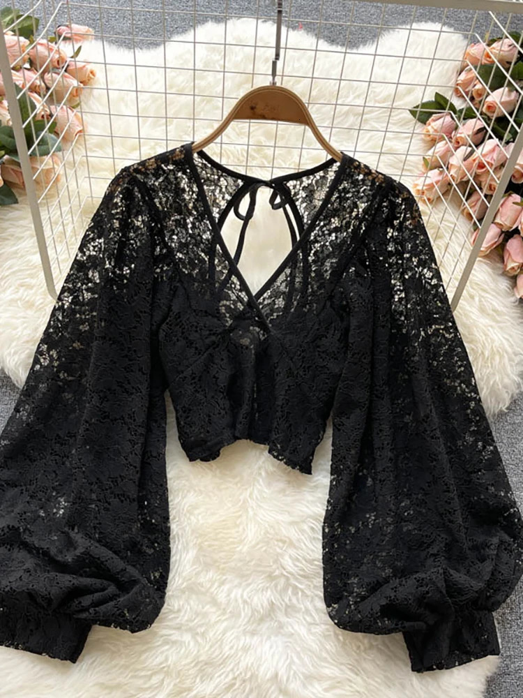 Autumn Black/White/Brown Sexy Lace Shirt Womens Elegant V-neck Puff Long Sleeve Open Short Top Womens Party Blusas 250102