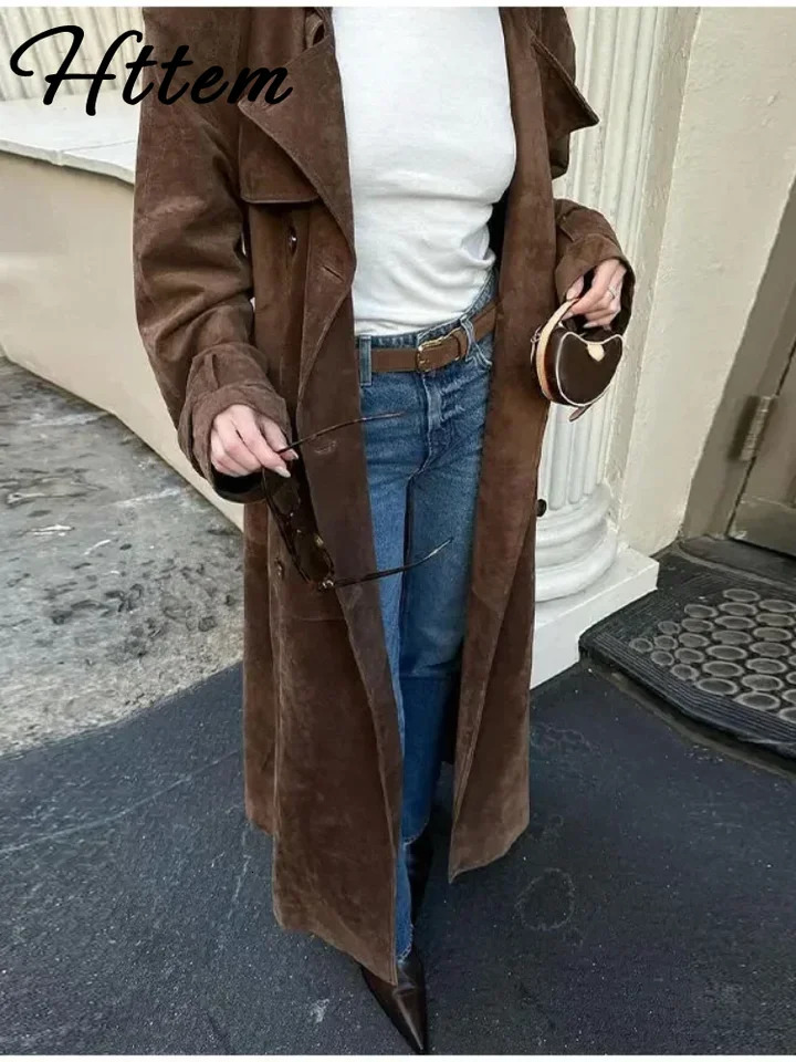 Elegant Suede Long Trench Coats With Belt Women Long Sleeve Double Breasted Windbreaker 2024 Autumn Lady High Street Overcoat 241224