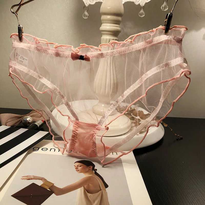 Women Sexy Transparent Panties Pink Bow Cotton Crotch Briefs Female Mesh Breathable Underwear Wave Edged Hollow Out UnderpantsXJ250103