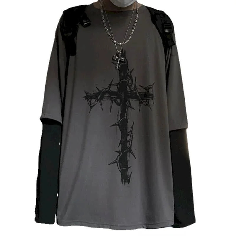 Mens summer cross shoulder bag mens T-shirt long sleeved dark hip-hop mens oversized T-shirt Y2k T-shirt top 250102